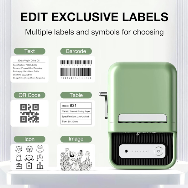 B21 Etiketmaskine, Bluetooth Stregkodeetiketprinter Udskrivningsstørrelse 20-50 mm, Kompatibel med iOS & Android med 1 rulle startpapir i hvid Green