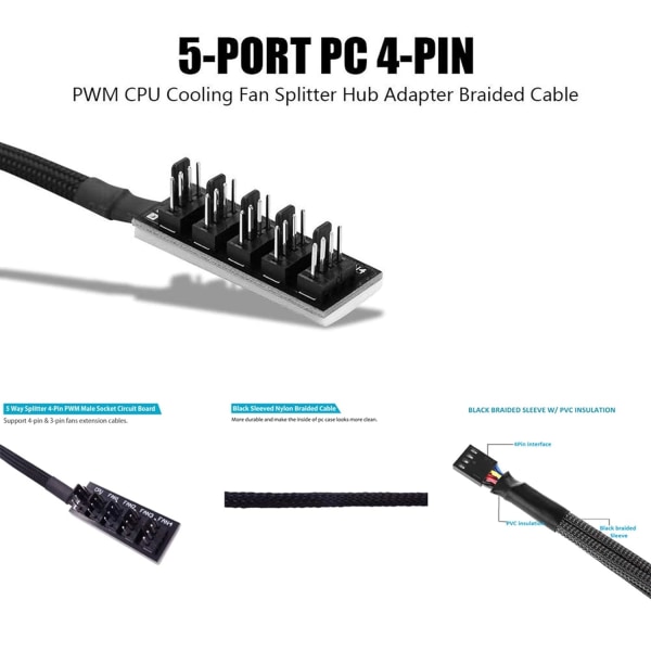 4-pin PWM-tuuletinnapa, 4-pin liitin CPU-tuulettimen PC-tuuletinnapaan, 4 PIN PWM-tuuletinjakokaapeli, sopii tietokoneen PC-tuuletinjohtoon