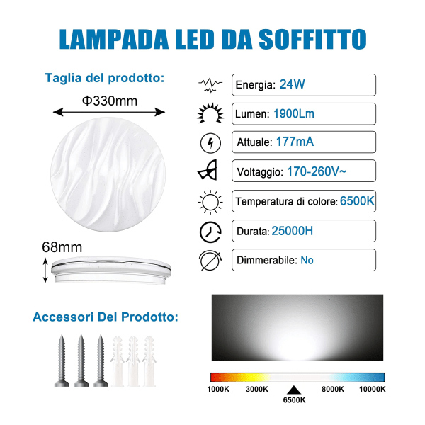 38CM LED taklampe, 36W moderne kjølig hvit takbelysning 6000K, hvite bølge striper, taklampe egnet for stue