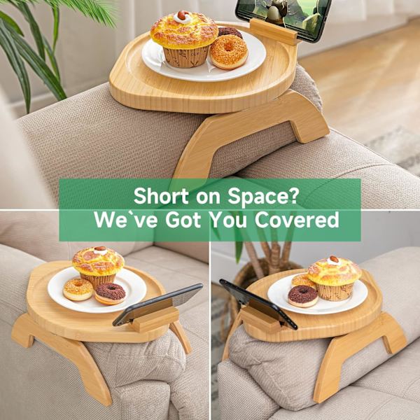 Bambus Sofa Arm Tray Bord med Roterende Mobilholder, Stabil Sofa Armlæn, Klips-På Sofa Tray Bord til Brede Sofaer