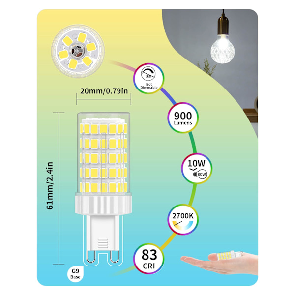 G9 LED-pære, koldt hvidt, 10W 6000K 900LM AC 220V, pakke med 6