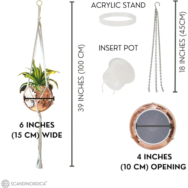 Diskokule Planter, Spegelbeklädd Disko Planter med Kedja, Akrylstativ och Insatsplanter, Hängande Planter, 15cm (6\") Guld