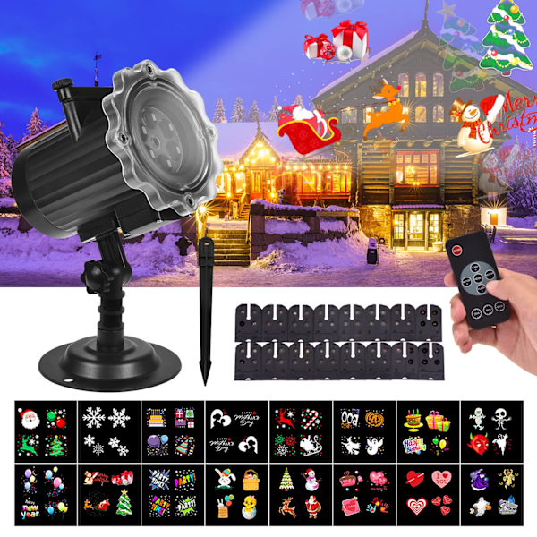 Utendørs Juleprojektor, med 16 HD Mønsterbilder og Fjernkontroll, Vanntett LED Juleprojektor Utendørs