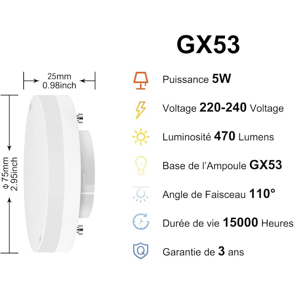 GX53 LED-pærer, 5W svarende til 40W, 3000K varmt hvidt lys 4 stk.