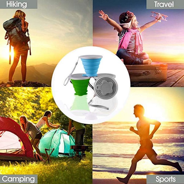 Vikbar silikonmugg 2-pack, BPA-fri, med plastförslutningslock, återanvändbar, lämplig för picknickar, camping, utomhusvandring.