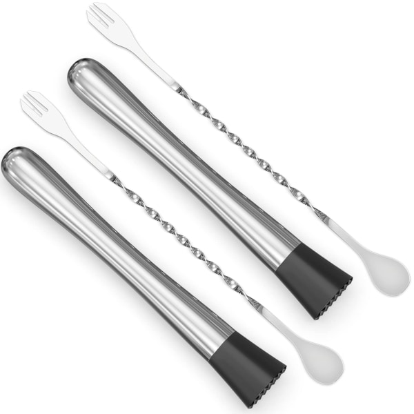 4 stk. rustfrit cocktail muddler og blandeske i rustfrit stål, 8 tommer