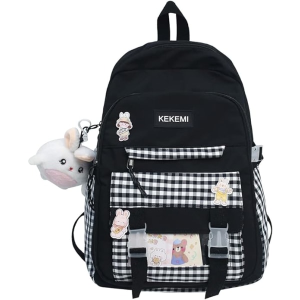 Kawaii Harajuku Backpack Cute Plaid Student Backpack (Black)