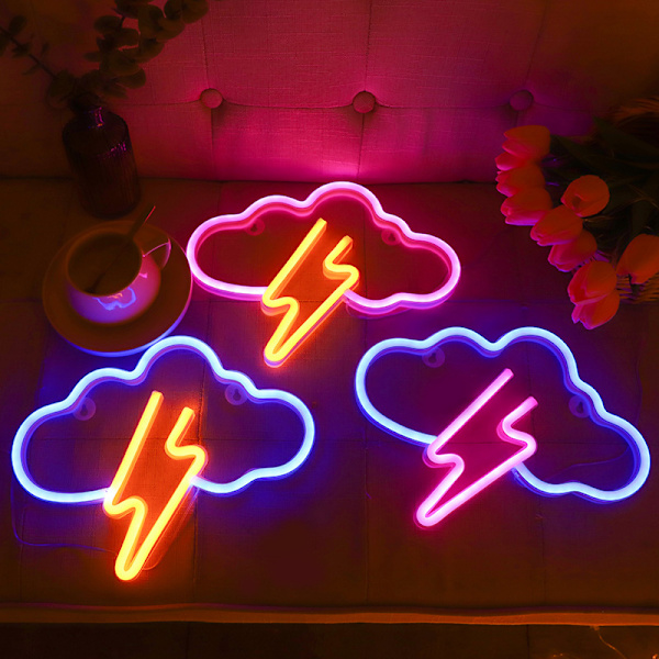 Neon skylt, akryl moln blixt väggljus dekor, batteri eller USB-driven lys upp akryl neon skylt för sovrum, barnrum, bar, fest, jul