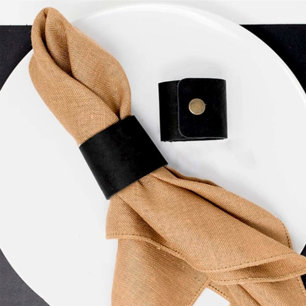 Rustikke serviettringer sett med 6, skinn serviettringholdere svart