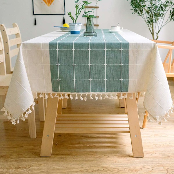 Rektangulär Bordsduk i Bomullslinne Enfärgad Rutig Broderi Tofs Bomullslinne Bordsöverdrag för Köksbordsdekoration (140x180 cm, Grön/Vit)