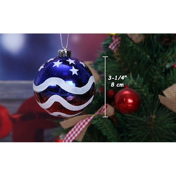 6 stk 3-1/4\" (80mm) patriotiske julekulepynt, amerikansk
