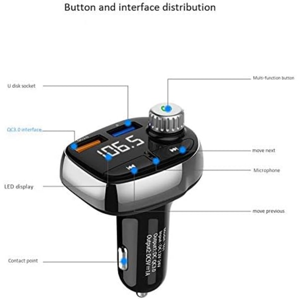 T61 Bluetooth Håndfri Bil Kit MP3 Afspiller QC3.0 USB Oplader FM Transmitter