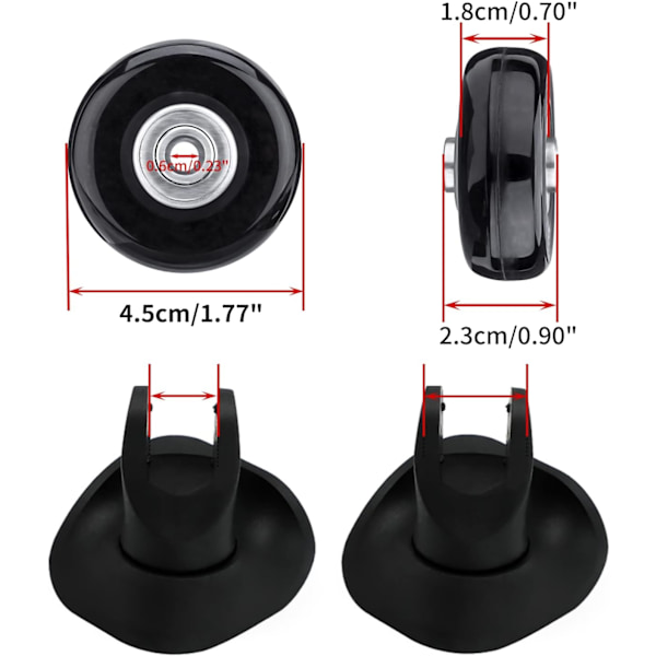 4-delt erstatningshjul for bagasje, 45x18 mm, reparasjonssett for svingbare hjul i gummi.