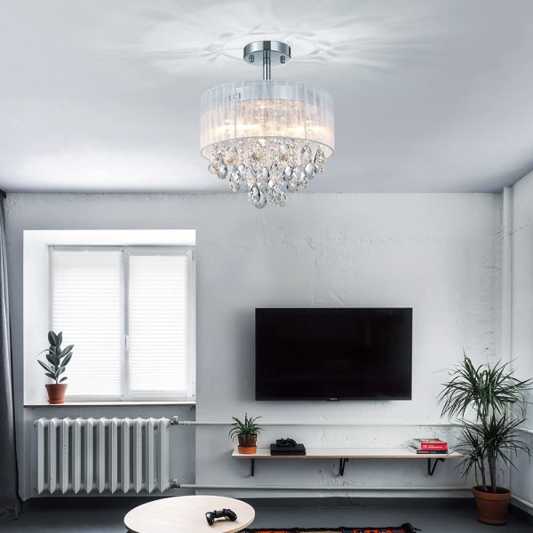 Krystal Lysekrone, Lysekrone med Hvid Skærm, Moderne Flush Mount Loftlampe til Soveværelse, Stue, Spisestue