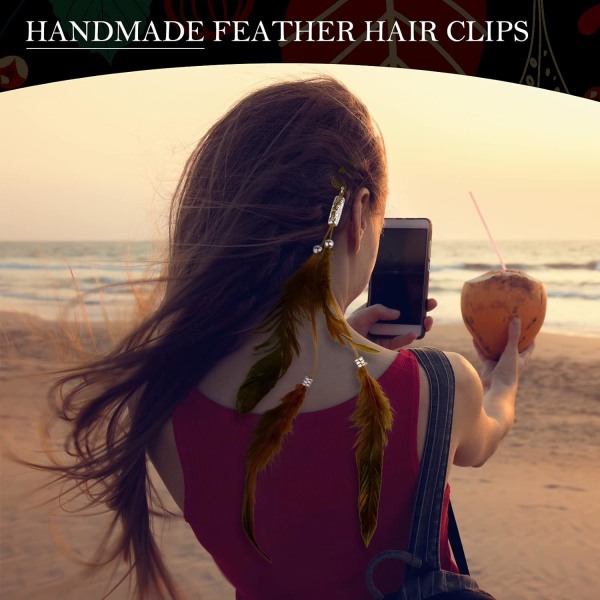 Hårspenner med fjær for kvinner, håndlaget Boho Hippie-hår, sett med 6 stk