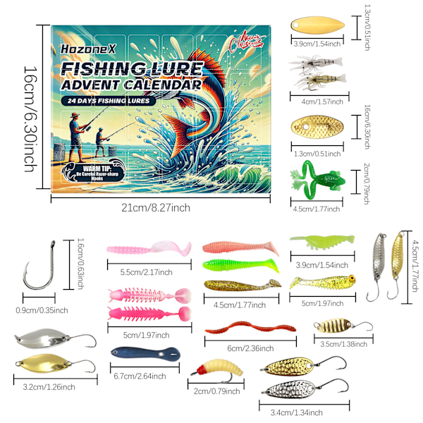 Joulukalenteri 2024 - Kalastusvälineet, Uistimet ja Syötit Aikuisten Miehille ja Pojille (24 kpl)