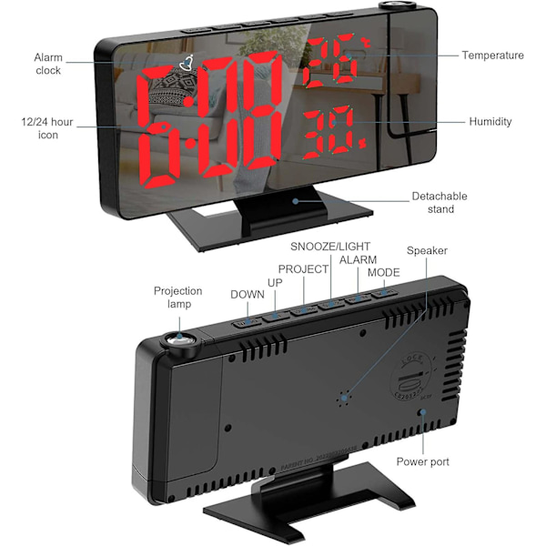 Projektorvekkerklokke, multifunksjonell LED-temperatur- og fuktighetsdisplay, intelligent elektronisk klokke, tidsminne, soveromsbordklokke