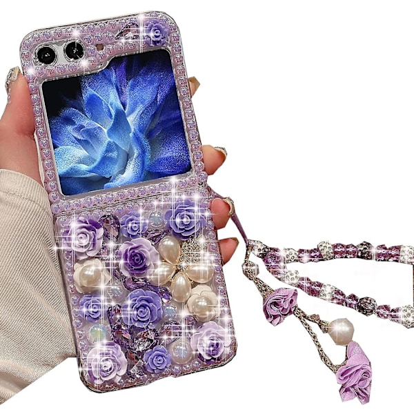 Z Flip 5 Glitter Bling Etui, 3d Krystal Rhinestone Diamant Blomster Perle Etui Til Samsung Galaxy Z Flip 5 Med Håndledsrem