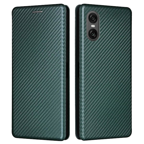 Til Sony Xperia 10 VI Etui med kortholder i kulfiber tekstur læder telefoncover - Grøn