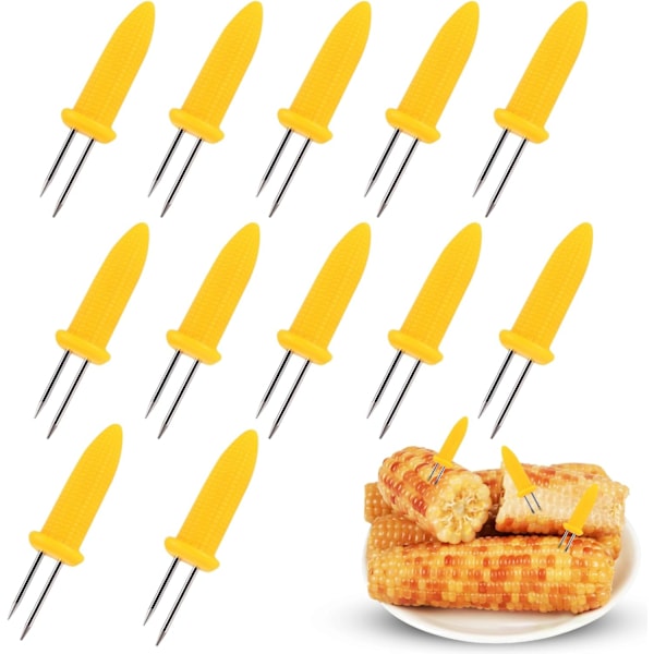 Maiskolbespyd, 12 stk. Grillede maiskolbespyd, gule maiskolbeklips i rustfritt stål, kjøkkenfruktgaffel for maiskjøtt og fruktgrilling