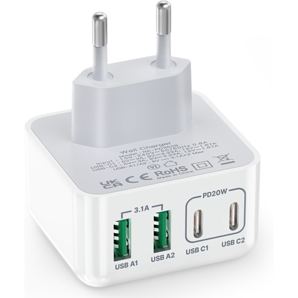 USB C Lader, 40W 4-Port Multi Lader, Hurtiglader PD 3.0 Strømadapter for iPhone 15 14 Pro Max 13 12 Mini XS XR 8, iPad, Samsung, Mobiltelefoner