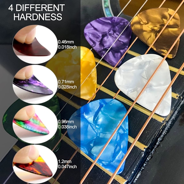 32 Stycken Plektrum, Högkvalitativa Färgglada Celluloidplektrum för Gitarr, Ukulele, Bas, 4 Olika Tjocklekar 0.46/0.71/0.96/1.2mm