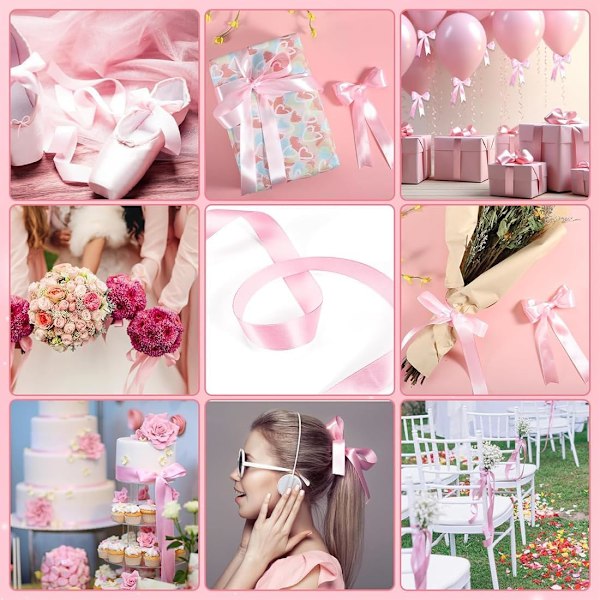 2 Rullar 22m x 2,5cm Rosa Band, Satinband Presentinslagningsband Tygband Rosa Oktober Band för Jul Bröllop Födelsedagsfest Hantverk