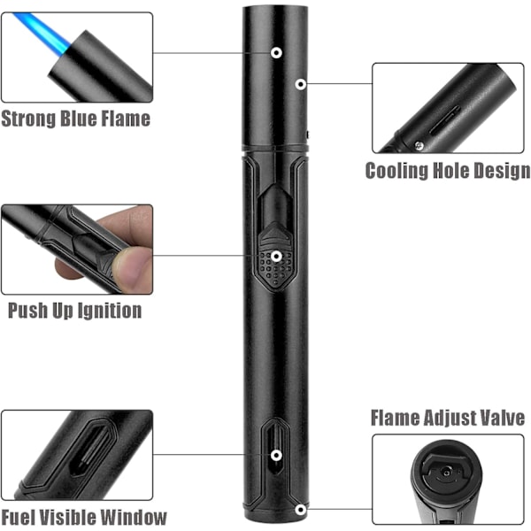 Jet Flame Gaslighter, Genopfyldelig Butan Vindtæt Lighter, Egnet til Lys, Grill, Pejs. (Gasolin Ikke Inkluderet) (Sort)