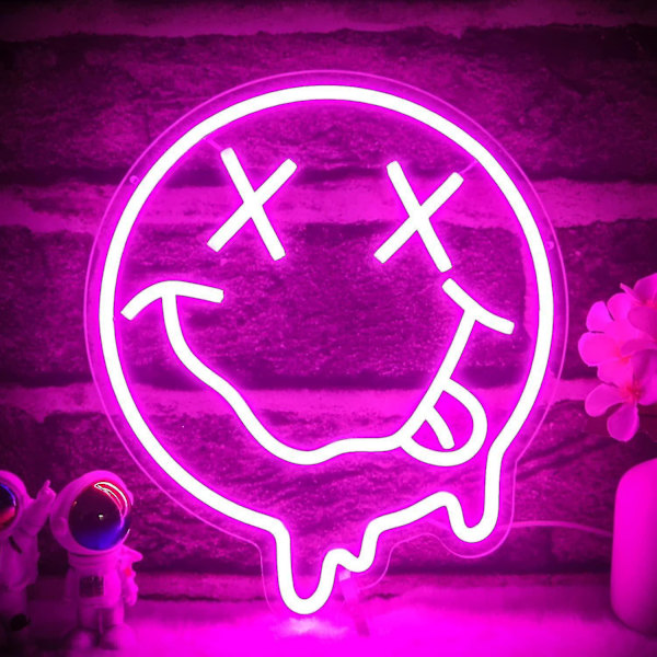 Melting Smiley Face Neon Sign Melted Smile Neon Signs Led Sign For Wall Decor Dimmable Neon Smiley Face Light Signs For Bedroom Kids Room Party Pink W