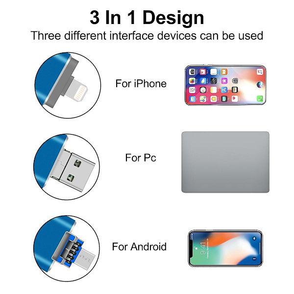 8 Gt:n nopea USB 3.0 -muistitikku 3-in-1-valokuvakeppi iPhone-, Android- ja PC-muistitikulle
