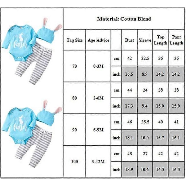 Påske-Outfit til Spædbørn - Drenge og Piger - Kaninøre-Hætte, Langærmet Romper, Lange Bukser - Til Påskefest