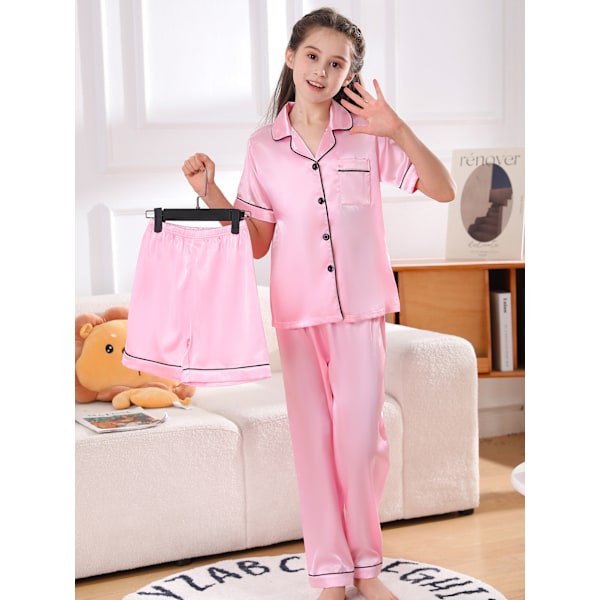 Satinpyjamasset för barn, pyjamasset med korta ärmar för flickor och pojkar, toppar, shorts, pyjamasset med knäppning för flickor och pojkar