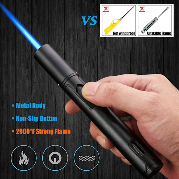 Jet Flame Gaslighter, Genopfyldelig Butan Vindtæt Lighter, Egnet til Lys, Grill, Pejs. (Gasolin Ikke Inkluderet) (Sort)