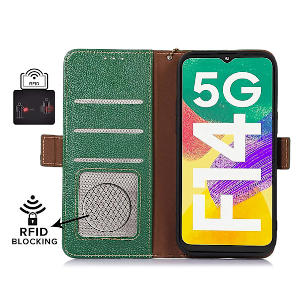 For Samsung Galaxy F14 5G Telefon Lommebok Etui RFID Blokkering Ekte Ku Lær Stativ Deksel