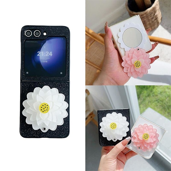 For Samsung Galaxy Z Flip 6 Bling Glitter Case, Cute Flower Hidden Mirror Slim PC Shockproof Protective Cover For Women Girls