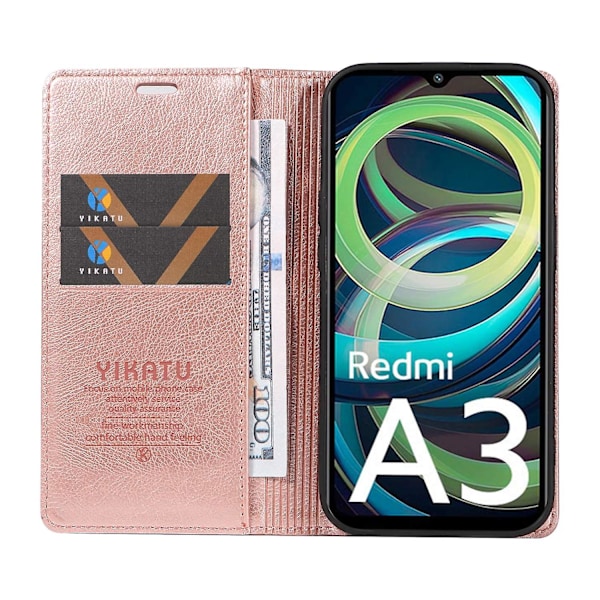 YIKATU YK-006 For Xiaomi Redmi A3 Veske Folio PU Lær Magnetisk Absorpsjon Telefondeksel - Rose Gold