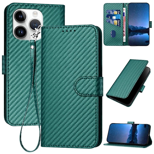 YX0070 For iPhone 15 Pro Max Wallet Case Carbon Fiber Texture Leather Phone Cover - Blackish Green