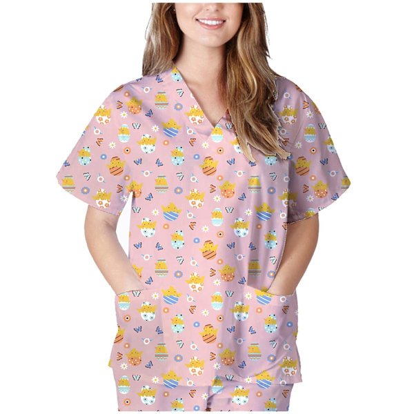 Easter Women Short Sleeve V-neck Rabbit Pattern Tops Nursing Uniform T-shirts AB220