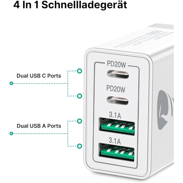 USB C Oplader, 4 Port Multi Oplader, 40W Hurtig Oplader PD 3.0 Strømadapter USB Strømforsyning til iPhone 16 15 14 Pro Max 13 12 11 SE 2020 XS XR