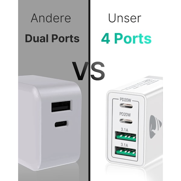 USB C Oplader, 4 Port Multi Oplader, 40W Hurtig Oplader PD 3.0 Strømadapter USB Strømforsyning til iPhone 16 15 14 Pro Max 13 12 11 SE 2020 XS XR