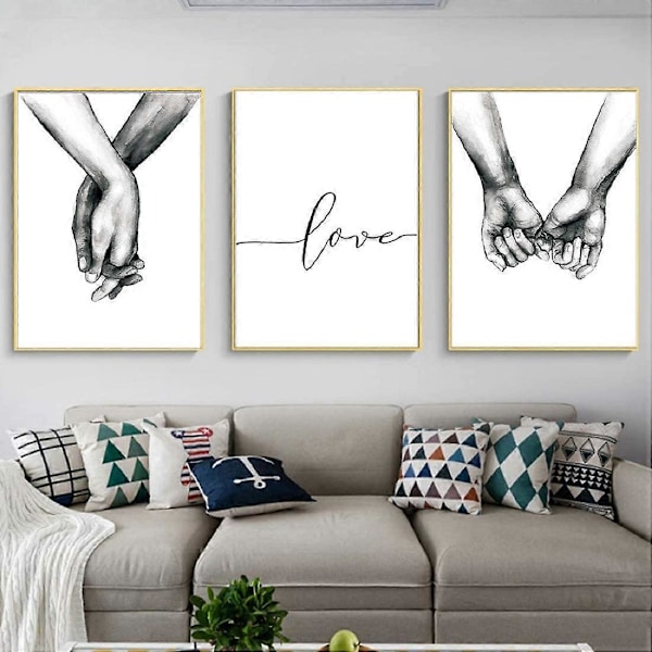 Kärlek och Hand i Hand Väggkonst Canvas Print Poster Svartvit Skisskonst Linjeteckning Dekoration för Vardagsrum Sovrum (Set om 3 Oinramade, 15x20 Tum