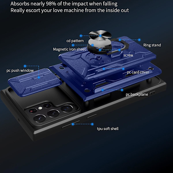 For Samsung Galaxy S22 Ultra 5G Kortholder Slot Ring Kickstand Design Slide Kamera Cover PC Etui