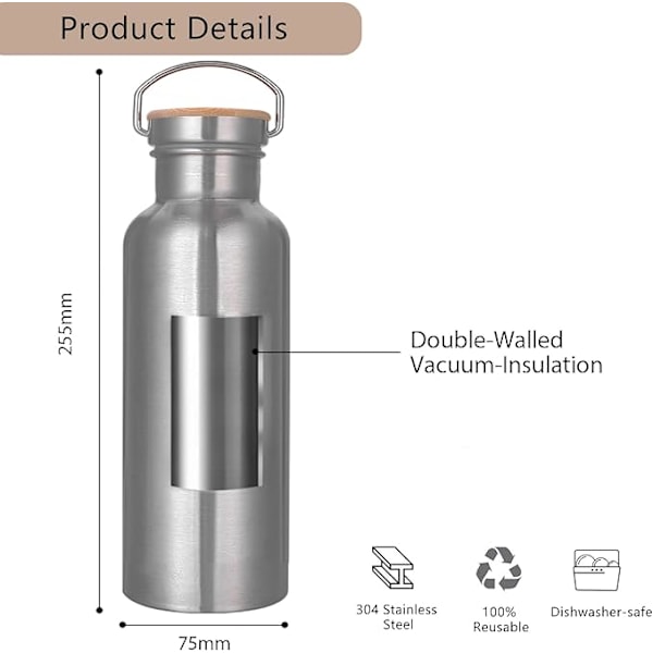 750ml Isolert Vannflaske, Lekkasjesikker Termosflaske, Rustfritt Stål Flaske, Dobbel Vegg Vakuum, BPA-fri, Egnet for Varme og Kalde Drikker