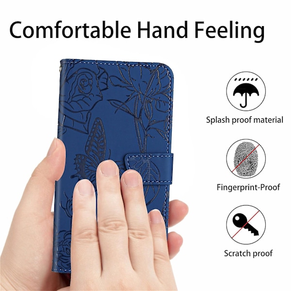 HT03 For Realme 12+ 5G Crossbody Etui Læder Sommerfugl Blomst Imprintet Telefon Cover - Blå