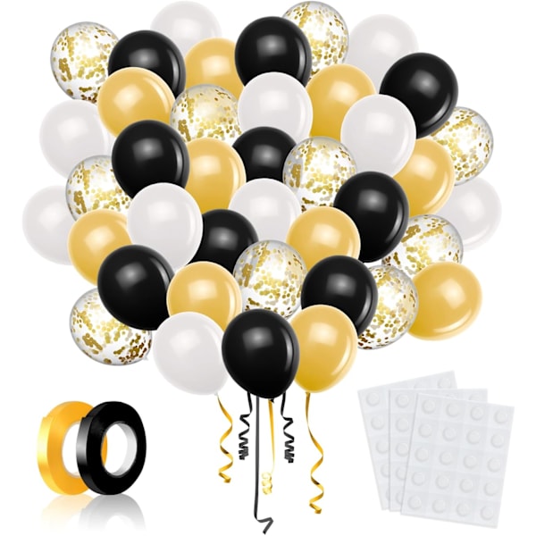 Svart Guld Vita Ballonger 60 st, Konfetti Helium Ballongbåge Kit 12 Tum Födelsedag Latex Ballong Uppblåsbar