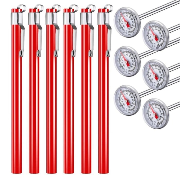 6 stk kjøkkentermometer i rustfritt stål med rød 5 tommer lang stilk 1 tommers urskive termometer Melkeskummende mattermometer