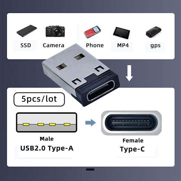 UC-167-BK 5 stk. USB-C hun til USB-A 2.0 han 480 Mbps dataoverførsel opladningsadapter