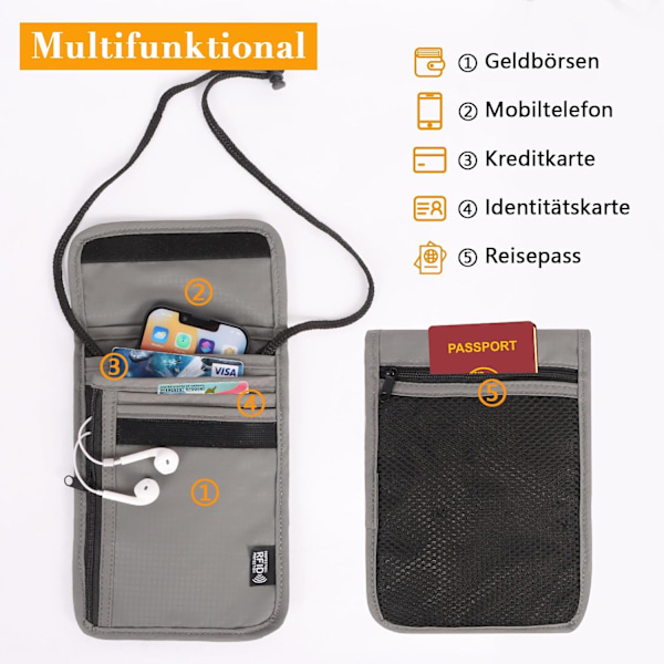 Halsmappe Grå, Reise Passholder Halsveske med RFID-blokkerende Etui, Halslommebok med Justerbar Stropp for Passkort og Kontanter