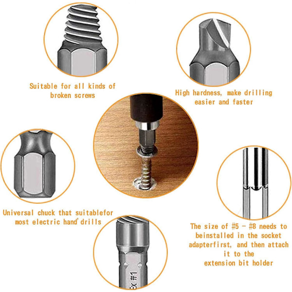 22 stk Skadde Skrueekstraktorer, Separate Polerings- og Ekstraksjonsbiter Skrueekstraktorer for Skadde Bolter eller Skruer, 2-12 mm, med Magnetisk Bittholder