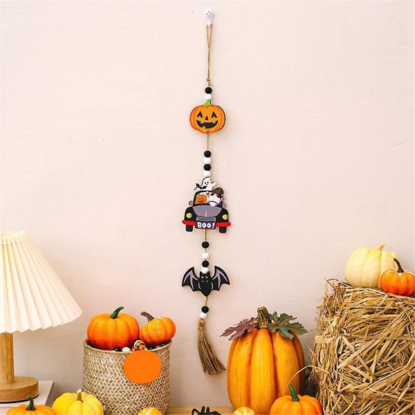 Halloween-puuhelmen seppele kurpitsalepakkahaamulla - maalaistyylinen riipus seinään ripustettava seppele helmillä koristeltu porrastettu tarjotin